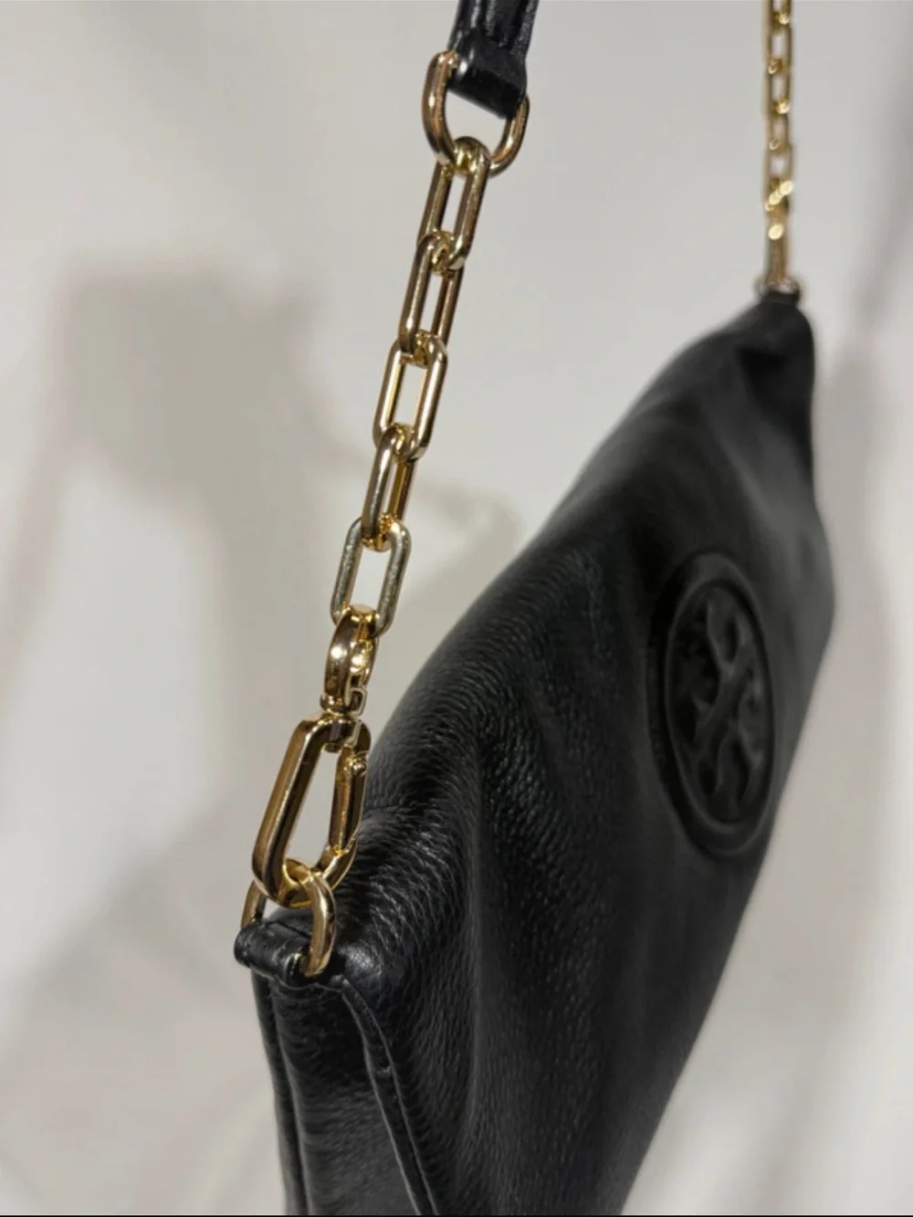 Tory Burch black leather Bombe envelope fold over crossbody bag